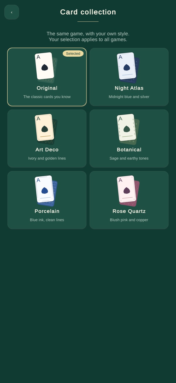 Acelune card collection screen showing the included card styles