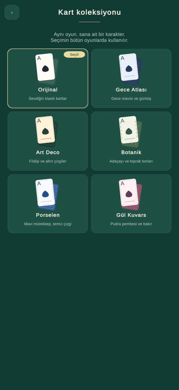 Acelune Kart Koleksiyonu ekranında oyuna dahil kart görünümleri