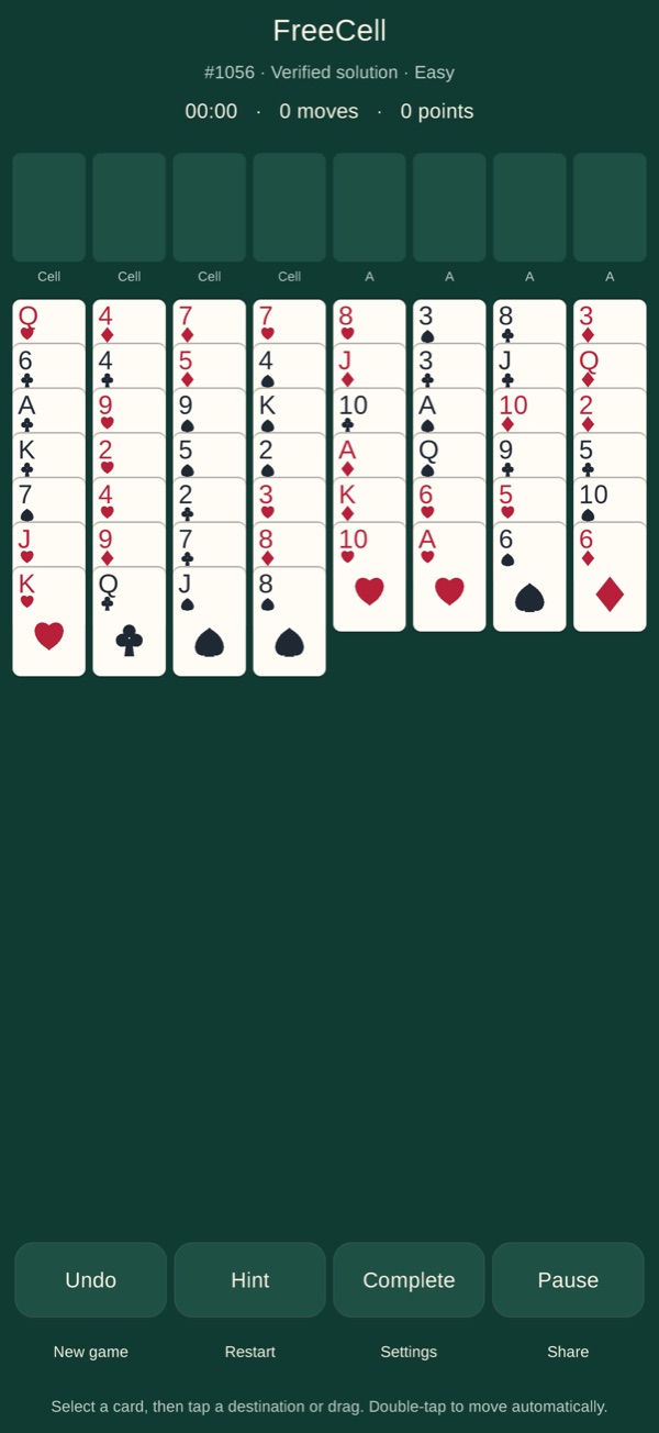 Acelune FreeCell game showing eight columns, four cells and four foundations
