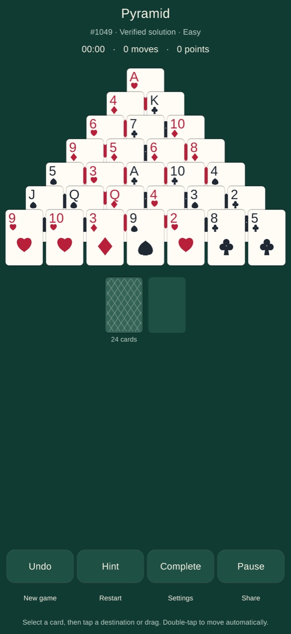 Acelune Pyramid Solitaire with seven overlapping rows of cards