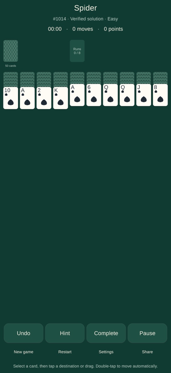 Spider Solitaire in Acelune with ten card columns and Hint and Undo controls