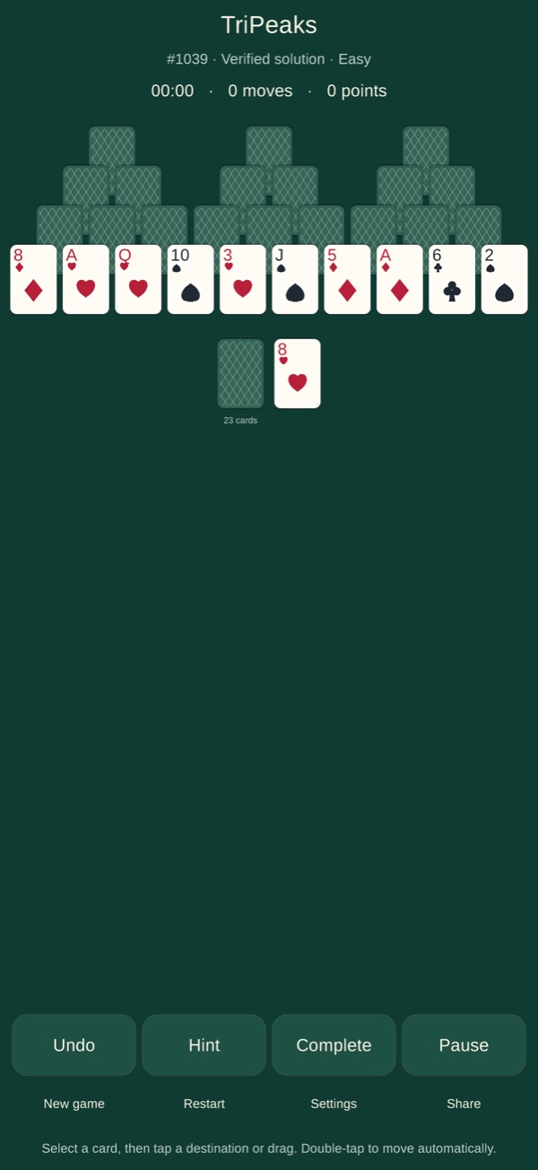 Acelune TriPeaks Solitaire showing three peaks, an exposed bottom row and the waste card